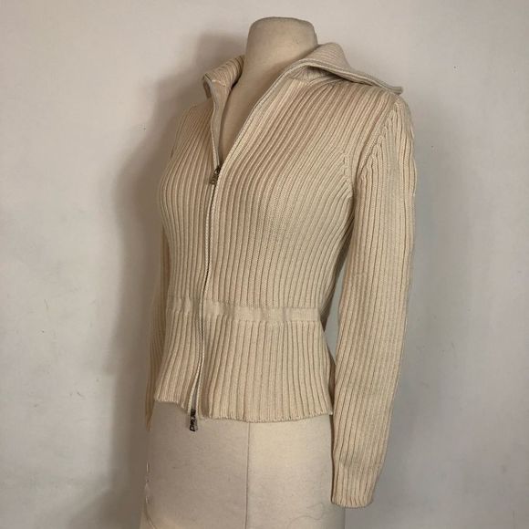 !!SOLD!! Vintage PRADA cream 100% Wool full zip, ribbed cardigan sweater Small - Picture 1 of 13